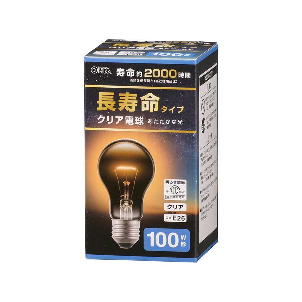 白熱電球 長寿命タイプ(100W形/クリア/1600 lm/95W/E26/電球色/調光機能対応)_06-4751_LB-DL6695CN_OHM(オーム電機)